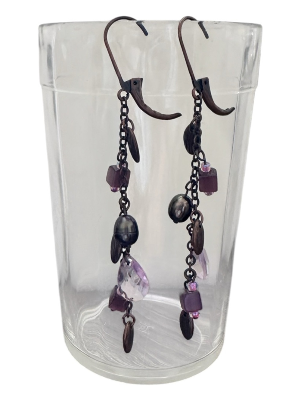 Copper colored chain pink Bead Dangle Earrings